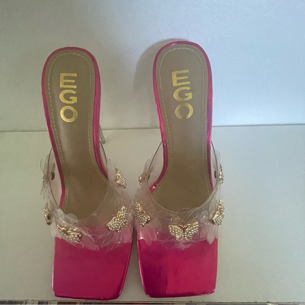 LuxeModa Fuchsia Diamond Butterfly Square Peep Toe Heel Clear Pump Mule size 4 - Picture 5 of 6